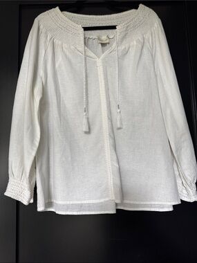 Lightweight White Linen Smocked Peasant Top